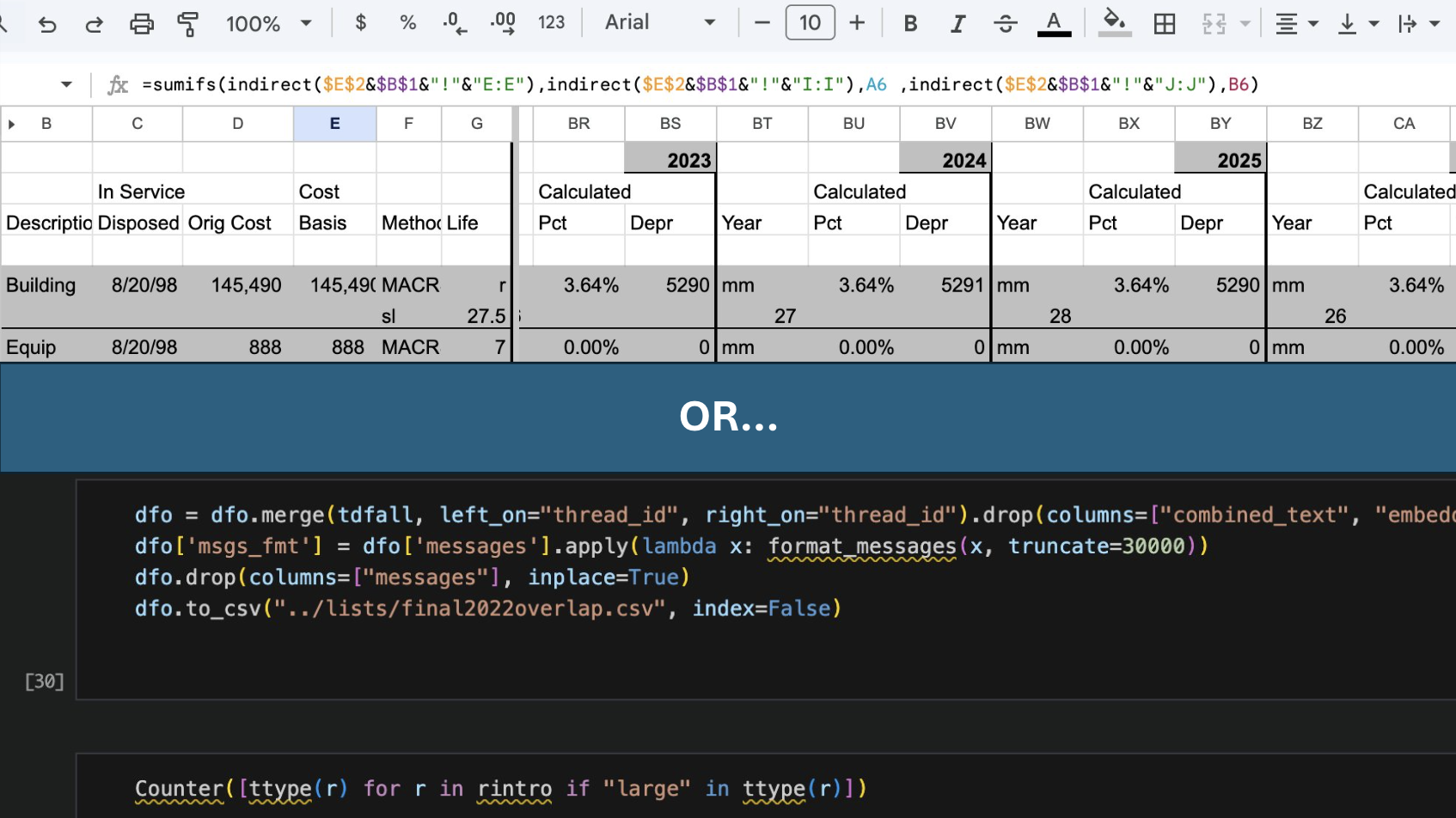 Split screen - Left side shows a complex spreadsheet with SUMIFS and INDIRECT formulas and multiple tabs; Right side shows Jupyter notebook with Pandas code
